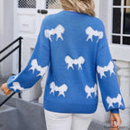 Basic Print Oversize Bow O Neck White Thick Knitted Christmas Sweater Christmas Sweaters L