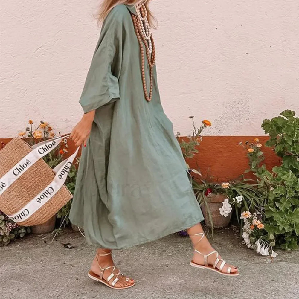 Bat Sleeve Hemp Boho Dress Green / S