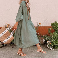 Bat Sleeve Hemp Boho Dress Green / S