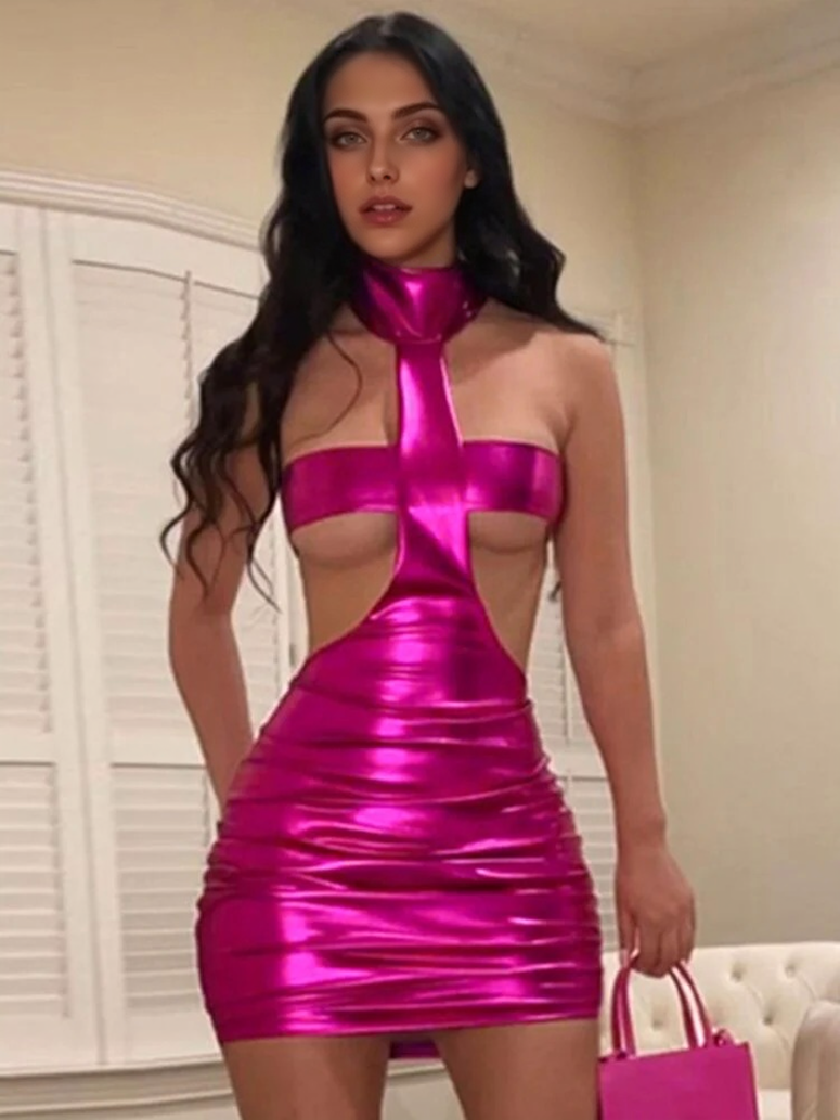 JuliaFashion - Sexy Halter Sleeveless Cut Out Bodycon Mini Dress