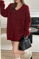 V Neck Sequin Oversized Sweater
