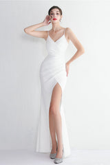 Long Satin Slit Halter Sheath Formal Dress White / S