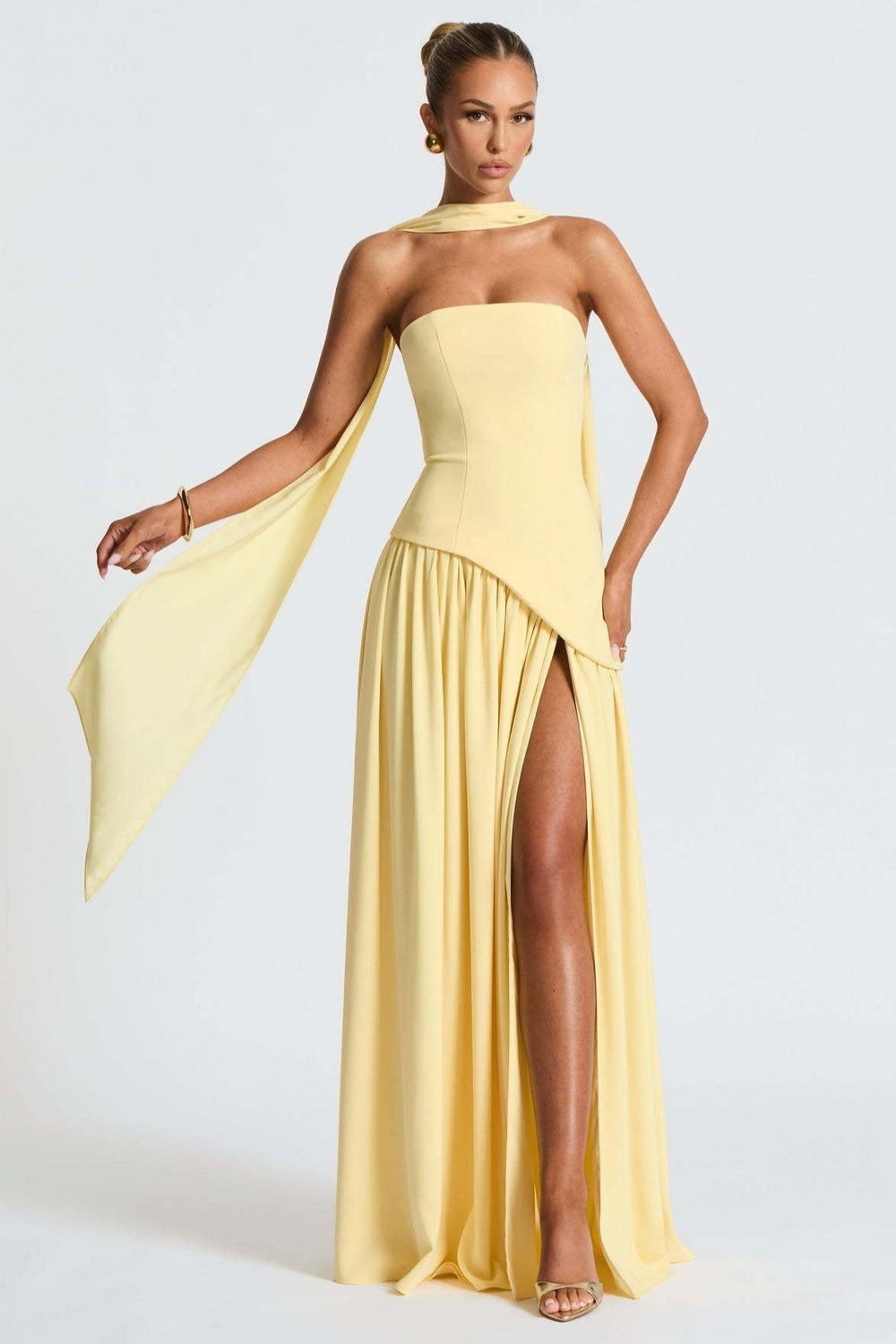 Solid Bustier High Slit Formal Dress
