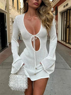 Beach Knitted Lace Up Mini Dress WHITE / S