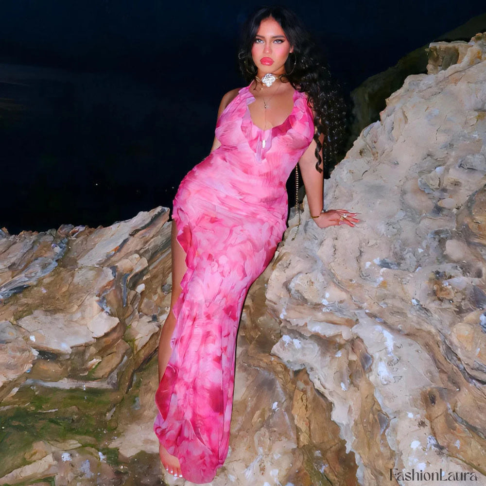 Beach Vacation Tie Dye Print Ruffle Trim Halter Maxi Dress Pink M / Pink Vacation聽Dresses