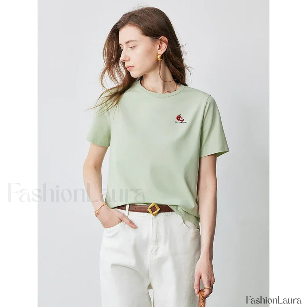 Bead Embroidered Round Cotton T Shirt Light Green / S