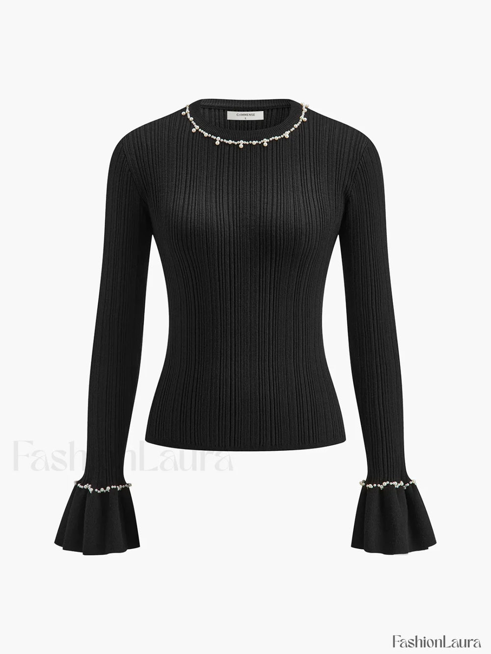 Beaded Decor Ruffle Knit Top Knit Tops