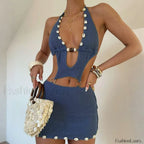Beaded Knit Metal Ring Mini Dress Blue / S