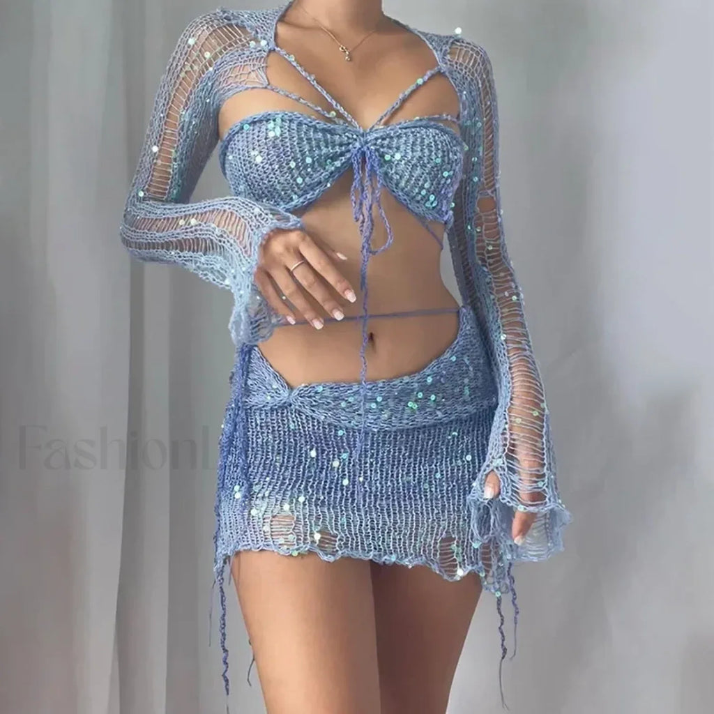 Beaded Knit Set Mini Dress Blue / S