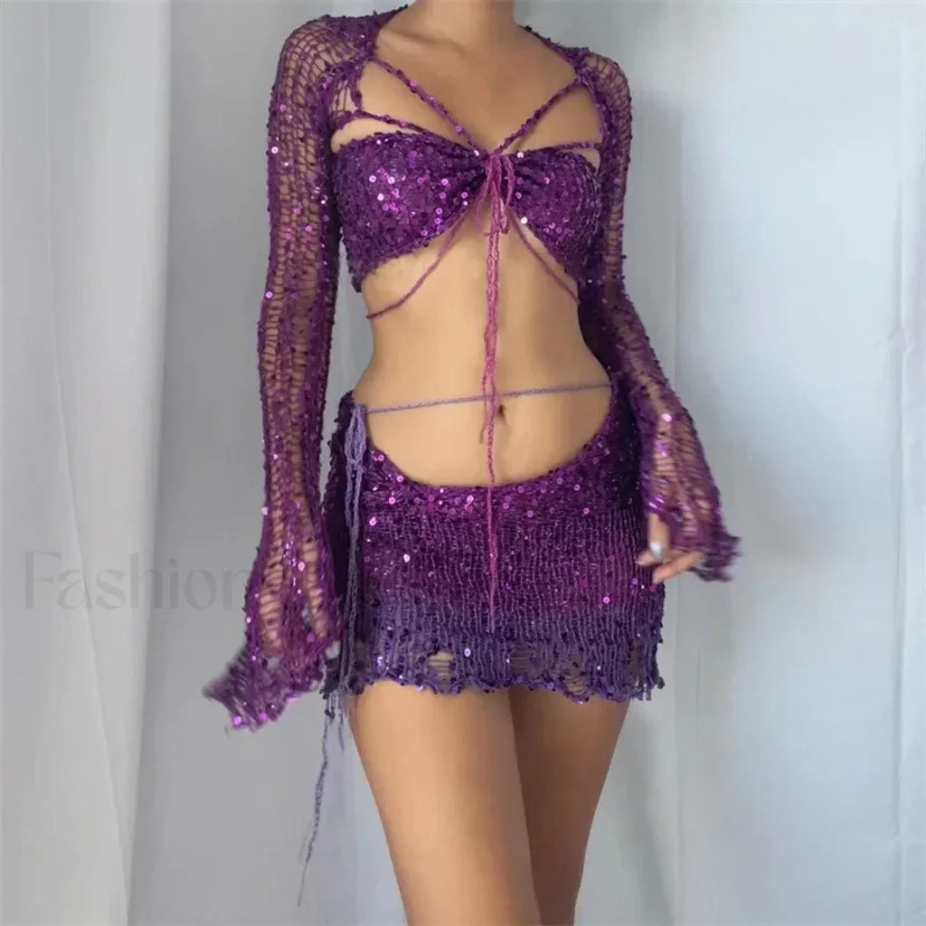 Beaded Knit Set Mini Dress dark purple / S
