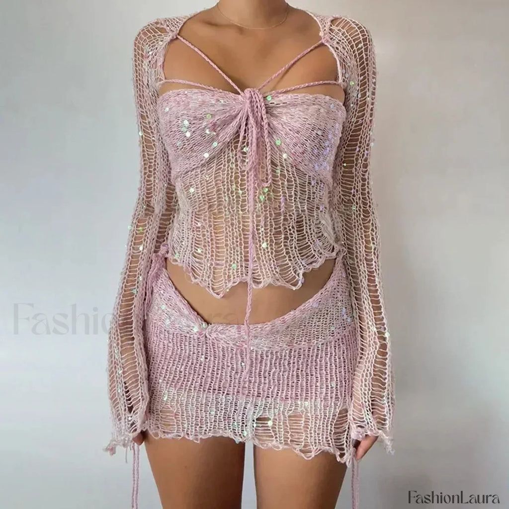 Beaded Knit Set Mini Dress pink / S
