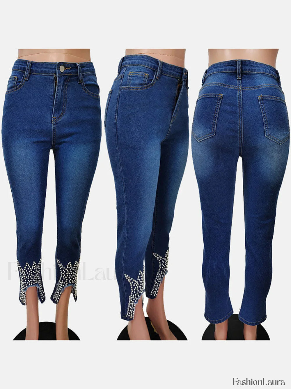 Beading Mid Waist Skinny Jeans Jeans