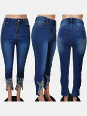 Beading Mid Waist Skinny Jeans Jeans