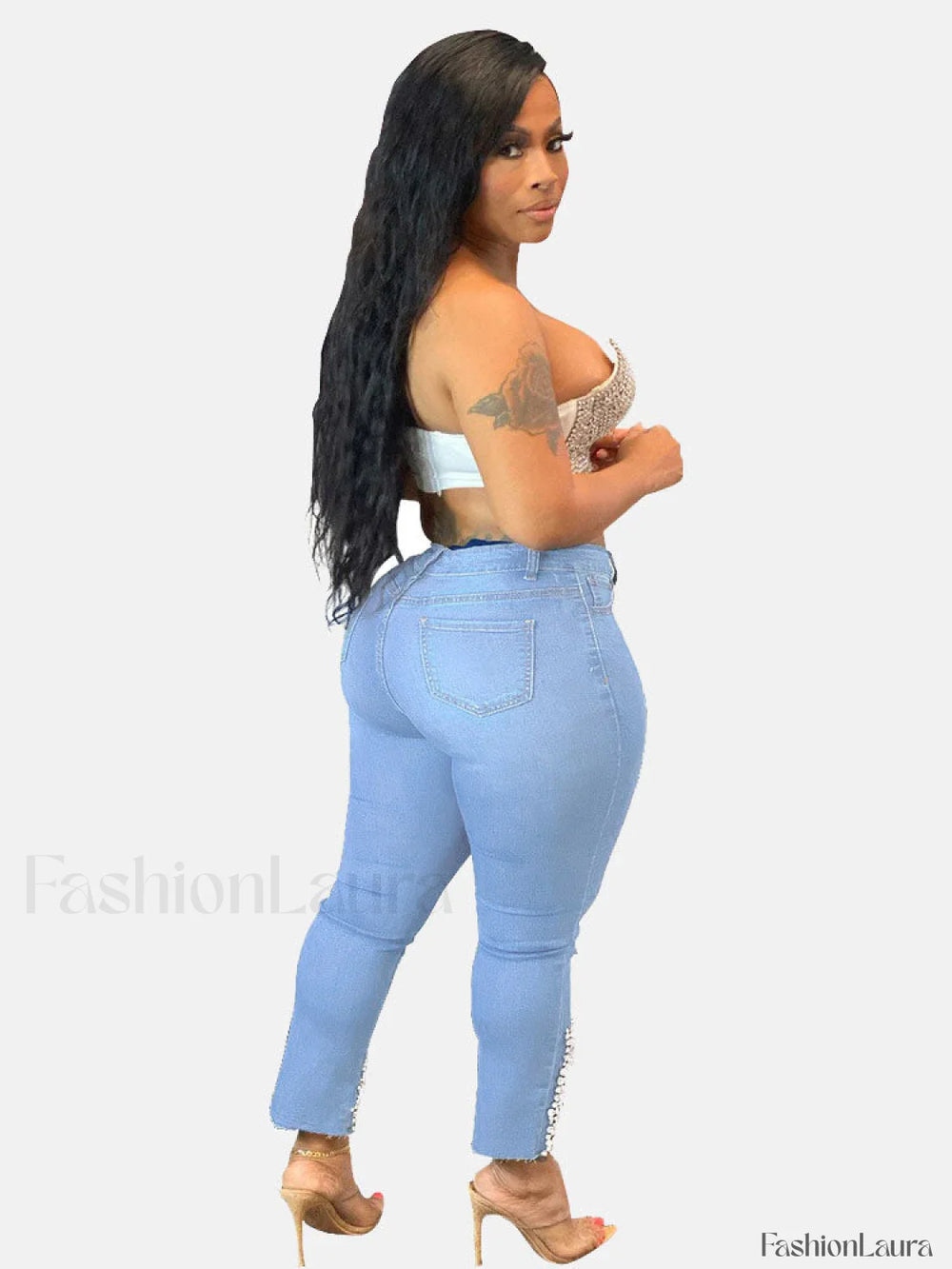 Beading Mid Waist Skinny Jeans Jeans