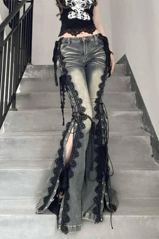 Flare Lace Bandage Denim Jeans Blue / S