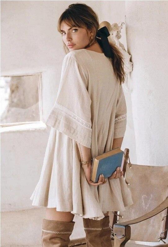JuliaFashion-Beige Vintage Bohemian Style Mini Dress
