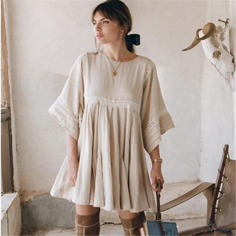 JuliaFashion-Beige Vintage Bohemian Style Mini Dress