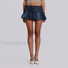 Belted Denim Puffball Skirt