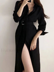 Belted Long Sleeve Shirt Midi Dress Black / ONE SIZE Midi Dresses