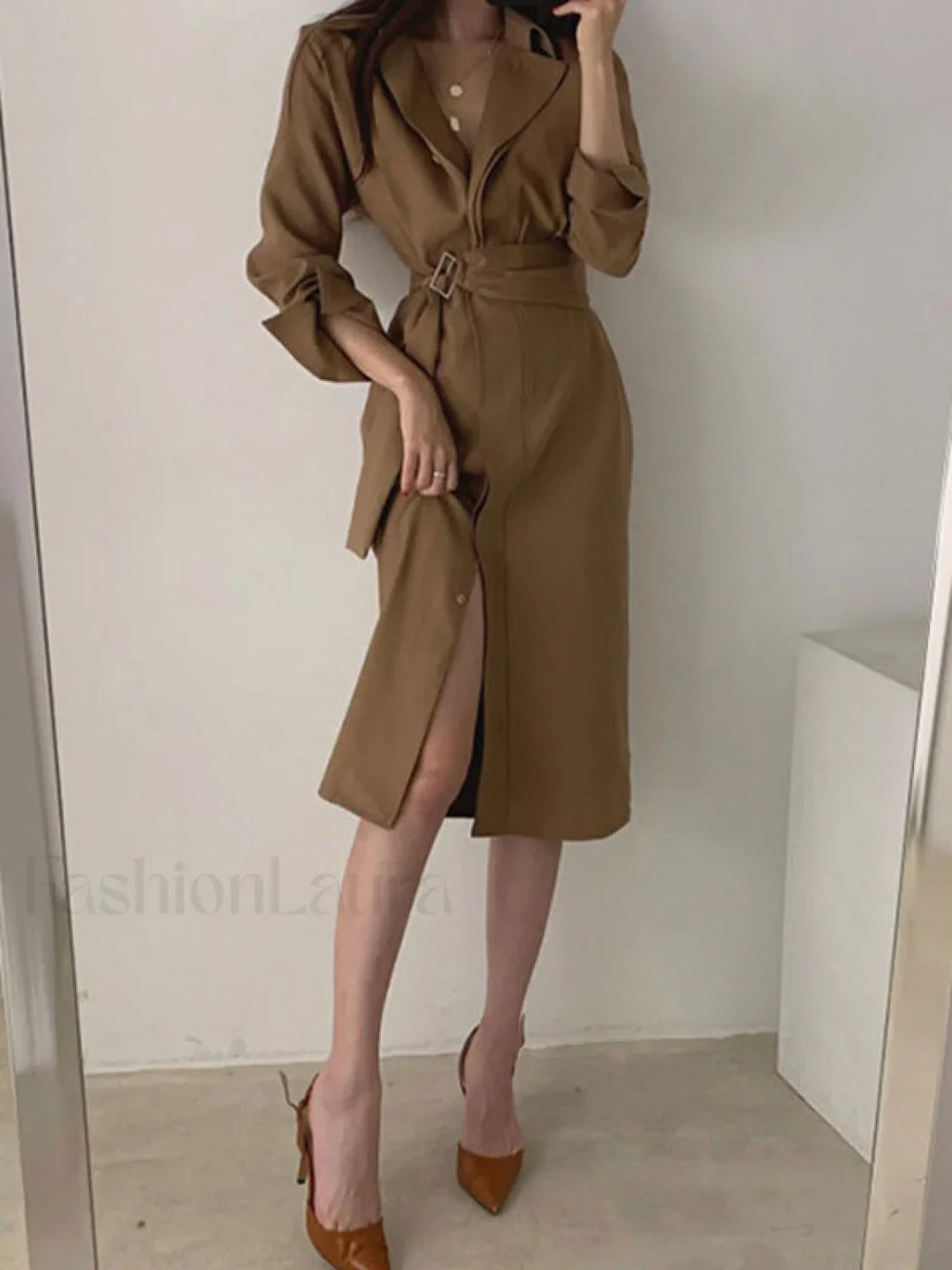 Belted Long Sleeve Shirt Midi Dress Midi Dresses