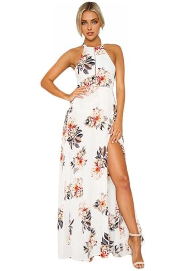 JuliaFashion - White Floral Cutout Back Halter Split Maxi Boho Dress