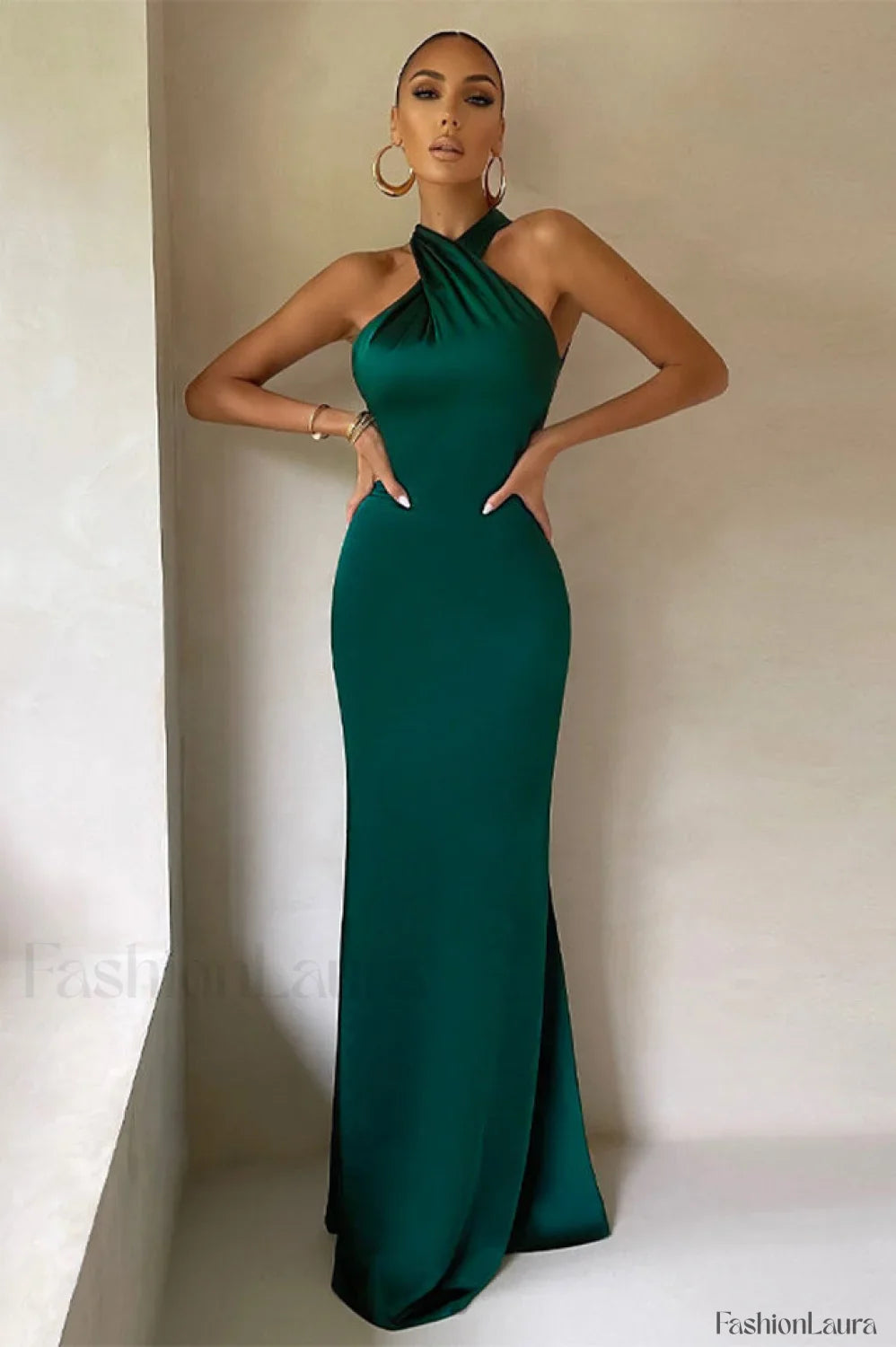 Bianca Cross Over Charming Halter Neck Dress S / Emerald