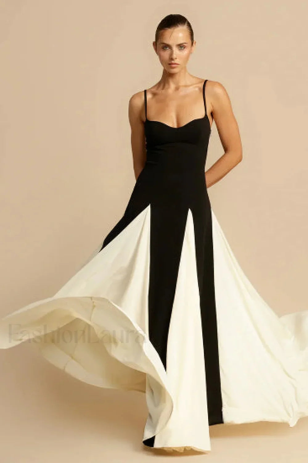 Black and White Contrasting Color Suspender Spice Girl Maxi Dress Black / XS