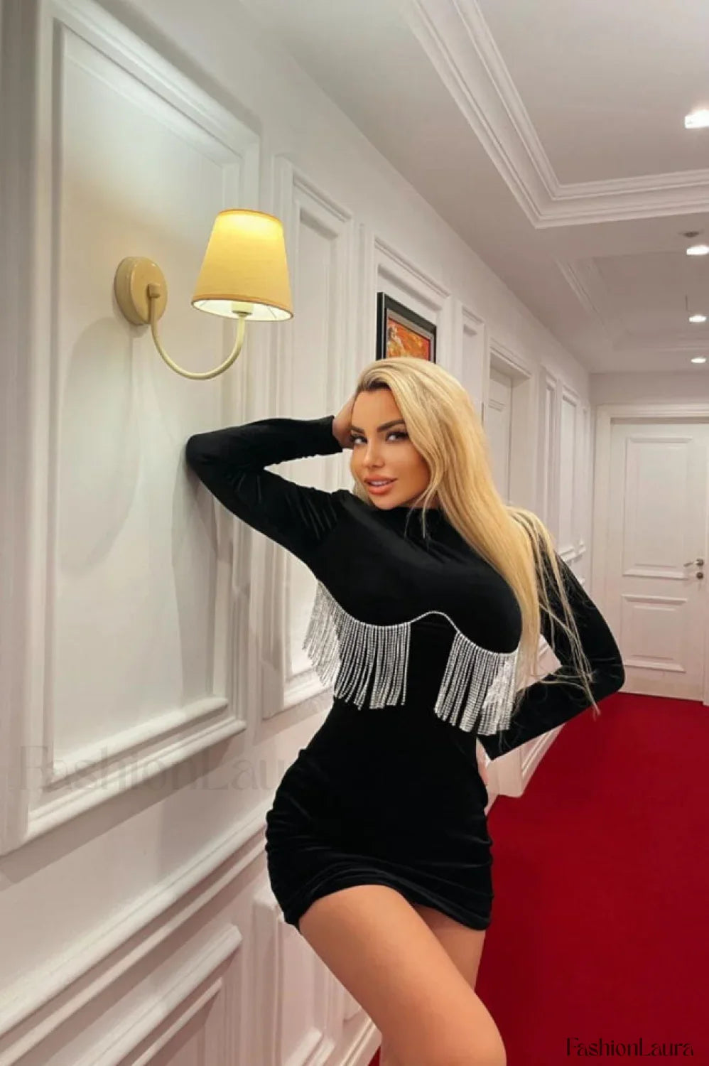 Black Crystal Fringe Charming Velvet Mini Dress