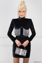 Black Crystal Fringe Charming Velvet Mini Dress