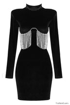 Black Crystal Fringe Charming Velvet Mini Dress XS / Black