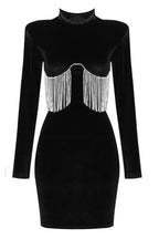 Black Crystal Fringe Charming Velvet Mini Dress XS / Black