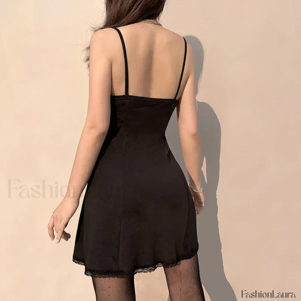 Black Gothic Lolita Style Lace Trim Sleeveless V Neck Bow Y2K Grunge Mini A Line Dress