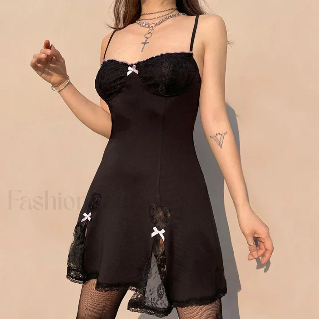 Black Gothic Lolita Style Lace Trim Sleeveless V Neck Bow Y2K Grunge Mini A Line Dress