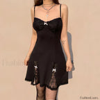 Black Gothic Lolita Style Lace Trim Sleeveless V Neck Bow Y2K Grunge Mini A Line Dress