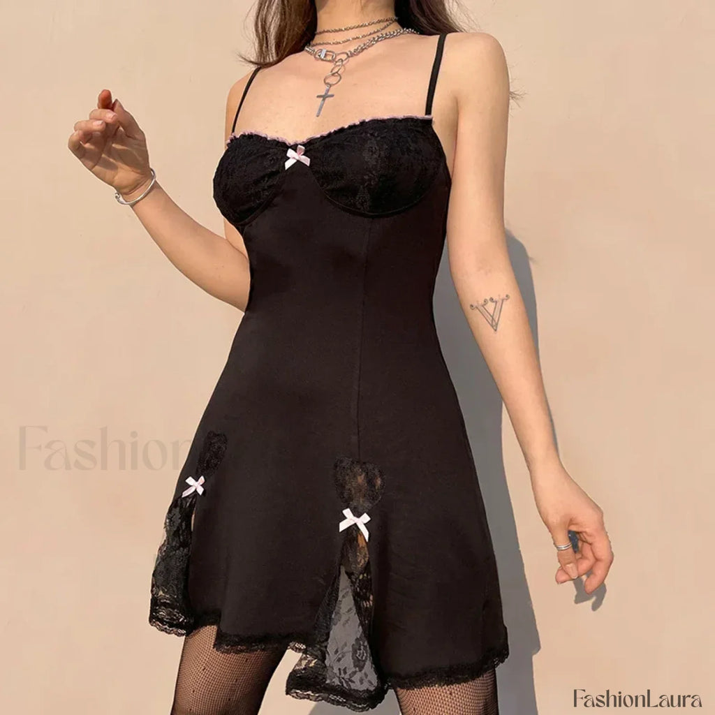 Black Gothic Lolita Style Lace Trim Sleeveless V Neck Bow Y2K Grunge Mini A Line Dress
