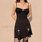 Black Gothic Lolita Style Lace Trim Sleeveless V Neck Bow Y2K Grunge Mini A Line Dress