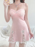 Black Gothic Lolita Style Lace Trim Sleeveless V Neck Bow Y2K Grunge Mini A Line Dress Pink / S