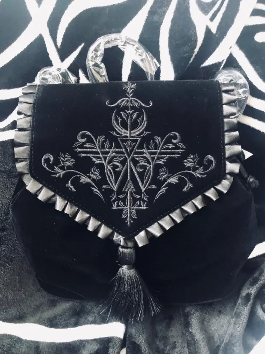 Black Gothic Velvet Witch Harajuku Magic Embroidery Dark Punk Shoulder Bag Black