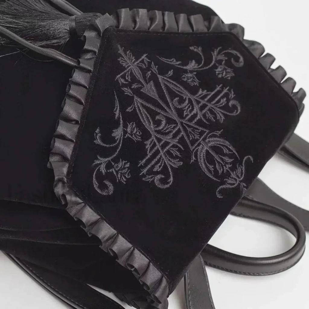 Black Gothic Velvet Witch Harajuku Magic Embroidery Dark Punk Shoulder Bag Black