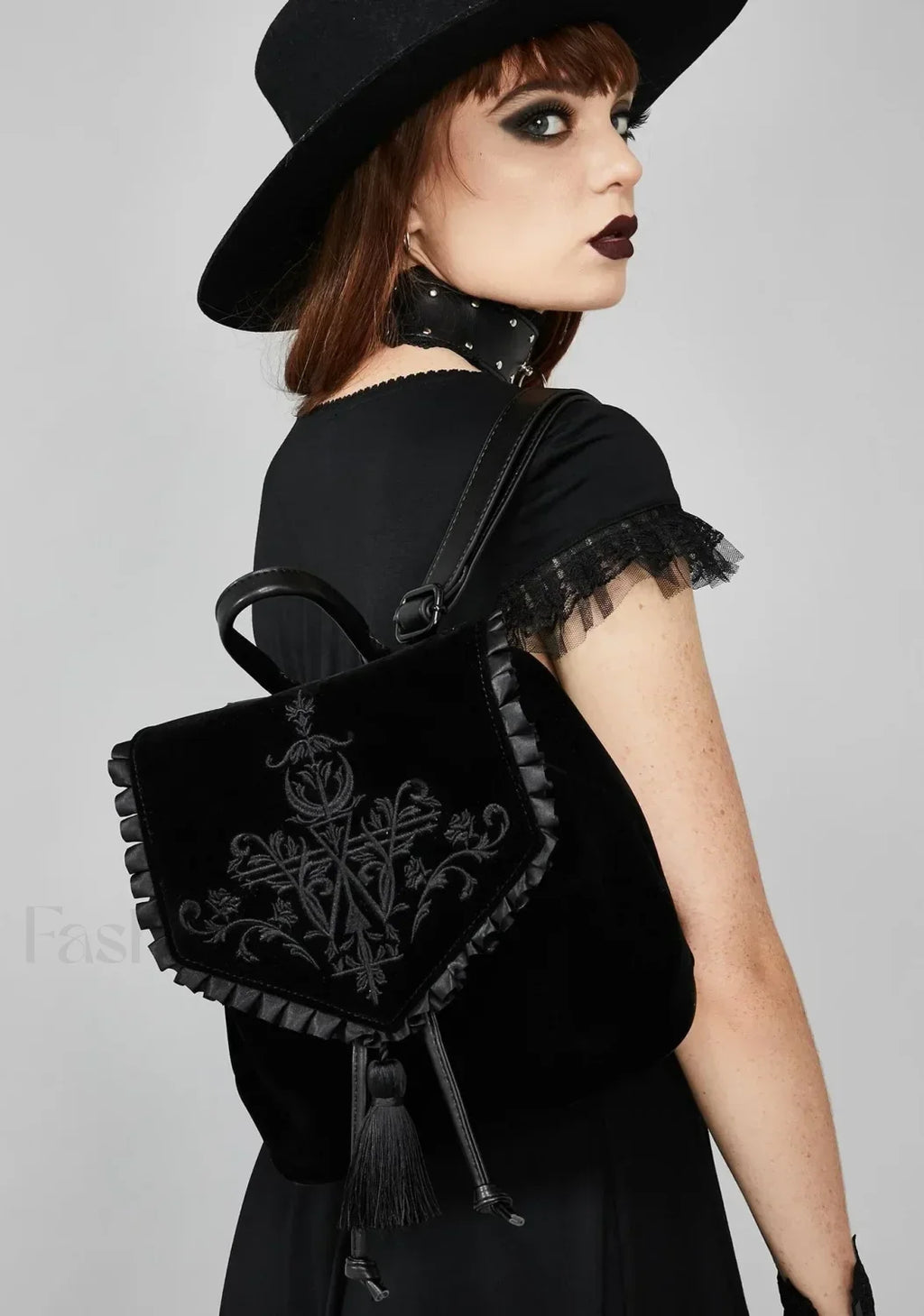 Black Gothic Velvet Witch Harajuku Magic Embroidery Dark Punk Shoulder Bag Black