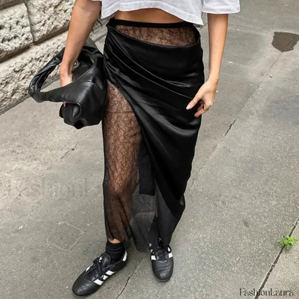 Black Lace Sheer Midi Skirt Black / S