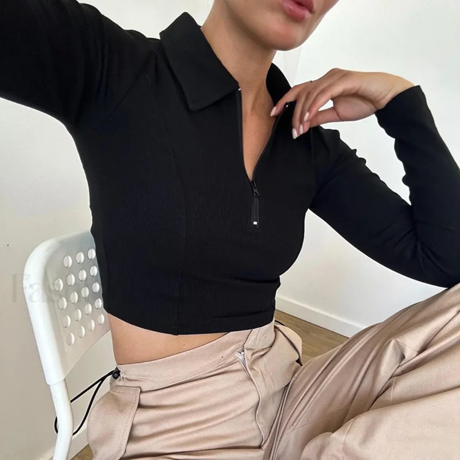 Black Long Sleeve Zipper Crop Top Casual Fashion T Shirt