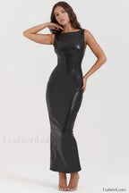 Black Plain Stylish Leather Maxi Dress