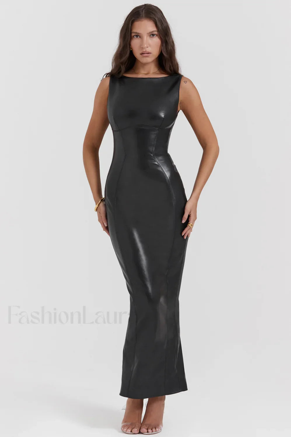 Black Plain Stylish Leather Maxi Dress XS / Black