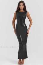 Black Plain Stylish Leather Maxi Dress XS / Black