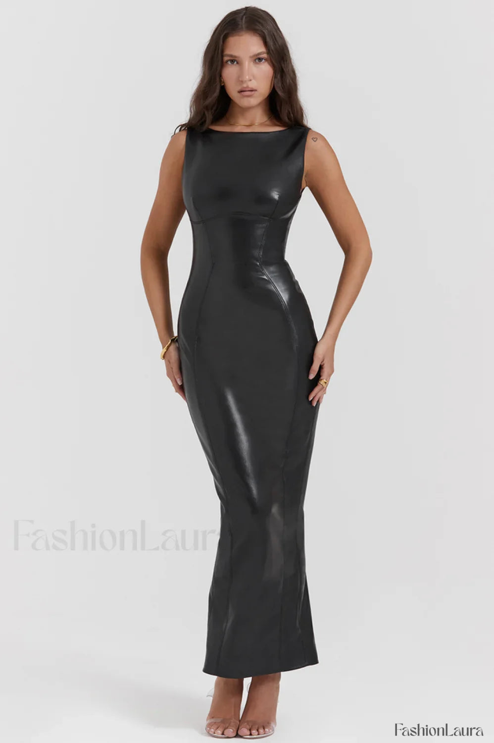 Black Plain Stylish Leather Maxi Dress XS / Black