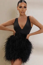 Black Plunge Stylish Front Mini Dress Party Dresses L