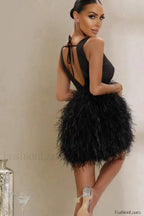 Black Plunge Stylish Front Mini Dress Party Dresses L