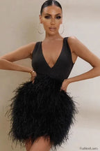 Black Plunge Stylish Front Mini Dress Party Dresses L