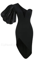 Black Puff Sleeve Charming Asymmetric Midi Dress S / Black